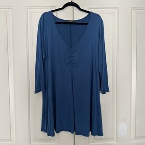 Monnuro Shirt Womens Plus 3XL Blue V-Neck 3/4-Sleeve Swing Top Blouse Tunic